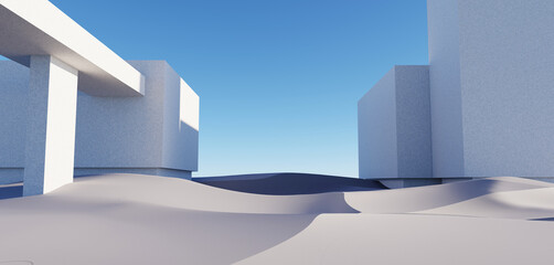 Wall Mural - 3d render surreal pastel landscape background with geometric shapes, abstract fantastic desert dune 