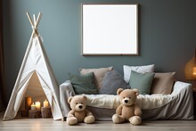Frame With Poster Mockup In Children's Room In Modern Scandinavian Style.
