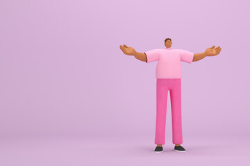 Wall Mural - The black man with pink clothes.  He is expression  of body and hand when talking. 3d rendering of cartoon character in acting.