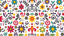 Colorful Flowers, Shapes, Fleur-de-lis Doodle Art Wallpaper On A White Background. 
