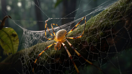Exotic spider closeup in mesmerizing colors and patterns. Intricate details of a web and a spider in controlled lighting macro. Spider is doing the web. Realistic 3D illustration. Generative AI