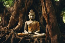 Ancient Buddha Statue Under Big Tree. Generative AI