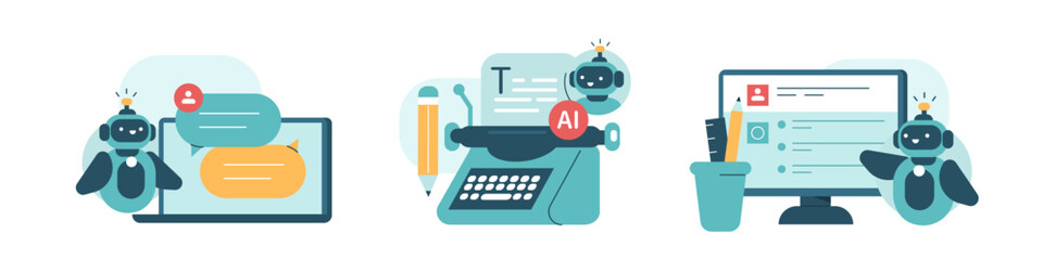 Wall Mural - artificial intelligence illustrations set. collections of scenes with ai chat bot using for copywrit