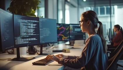 Female Software Engineer Writing Code on Desktop Computer