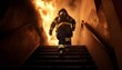 Strong and brave firefighter going up the stairs in a burning building