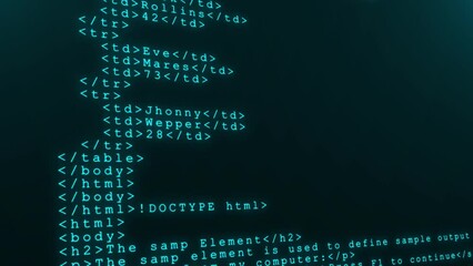 4K Animation of Source code data scrolling . Program code hacking process. hacker display glich Pixel screen. projects, coding, Software developing, education, hacking, web programming.