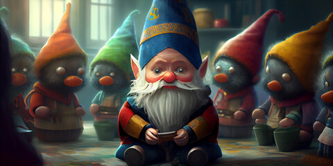 Magical gnome surrounded by toy gnomes. Generative AI