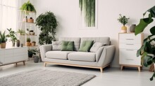Living Room With Cozy Grey Sofa In A Loft Style Interior With Potted Plants, Cozy Bright Room, Carpet.