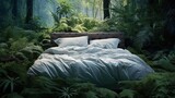 Fototapeta Miasto - bed with white bedding in the forest