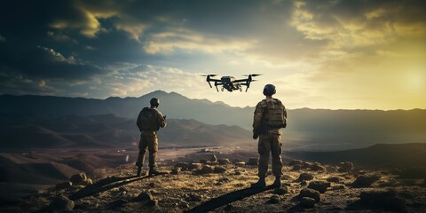 Two soldiers with their backs to the camera launch a full-size military combat drone into flight, ready for a critical mission. Generative AI