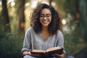 Smiling young woman in glasses reading a book in the park.