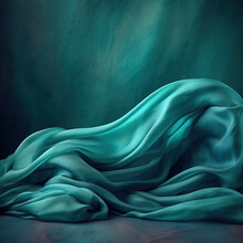 Silk Cloth Flowing On Digital Background In Teal Colors. Silk Texture In Smooth Style, Beautiful Big Fabric. Realistic 3D Illustration. Generative AI
