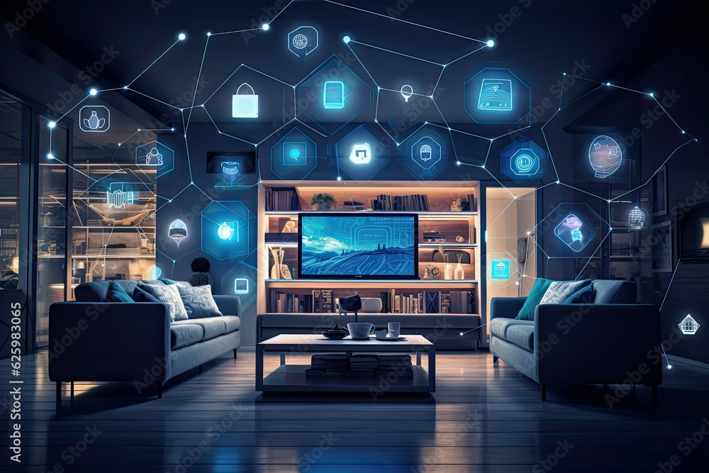 Interior of AI augmented reality smart home, Modern smart home ...
