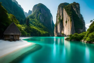 Wall Mural - A serene, crystal-clear lagoon surrounded by towering limestone cliffs - AI Generative
