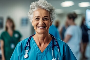 Wall Mural - Portrait of senior female doctor smiling at camera in corridor of hospital