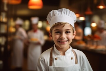 Canvas Print - Portrait of smiling boy in chef uniform standing in kitchen at restaurant