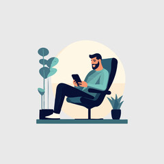 Wall Mural - man sitting working on cell phone sitting in chair