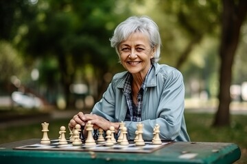 Poster - Cheerful senior woman playing chess in the park. Selective focus.