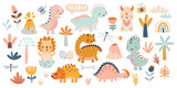 Fototapeta Pokój dzieciecy - Cute Dino set with trees, plants, and other elements for your design, childish hand drawn dinosaur elements. Nursery