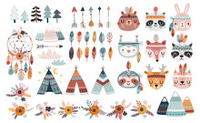 Cute American Indian Set With Animals - Rabbit, Deer, Cat, Fox, Bear, Panda, Raccoon, Owl, Sloth Childish Characters For Your Design. Vector Illustration.