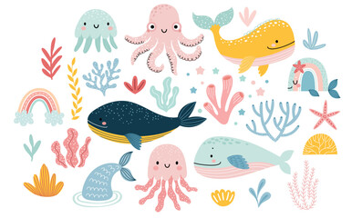 cute marina life set with fish, whales, seaweed, marina elements for your design, childish hand draw