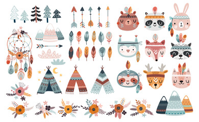 Cute American Indian set with animals - rabbit, deer, cat, fox, bear, panda, raccoon, owl, sloth Childish characters for your design. Vector illustration.