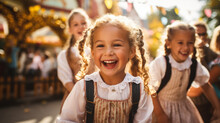 Children In Lederhosen Enjoying A Carousel Ride At Oktoberfest 