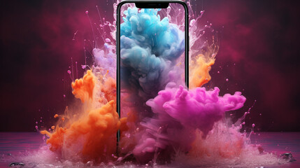 beautiful background with a smartphone surrounded by colored clouds. Generative Ai. 
