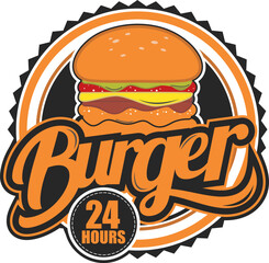 Logo burger 24 hours with color orange, editable logo