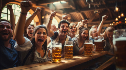 Wall Mural - Group of friends in traditional Bavarian attire cheering with beer mugs at Oktoberfest 