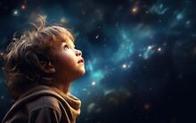 Portrait Of A Child Looking Up On A Magical Background 