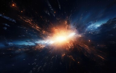 An abstract composition featuring glowing particles and energetic bursts of light against a dark background, suggesting a futuristic and cosmic atmosphere