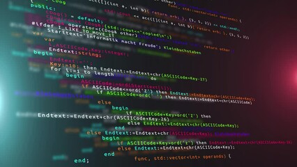 4K Animation of Source code data scrolling . Program code hacking process. hacker display glich Pixel screen. projects, coding, Software developing, education, hacking, web programming.