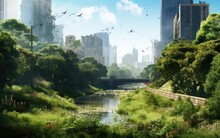Rewilding The City, The Big City Transformed Into A Lush Urban Jungle, With Verdant Parks, Vertical Gardens On Buildings, And Diverse Native Wildlife Thriving Amidst The Greenery