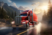 A Red Large Truck Is Driving Fast With A Normal Speed On A Unoccupied Highway Surrounded By Nature