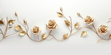 Gold Rose Buds, 3d White Vines, 3d Gold Stems, White Background
