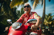 A retired asian senior is travelling happy with holiday clothing on a vibrant scooter on vacation while retired