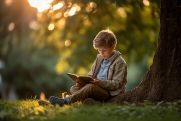 Little boy reading a book in the park at sunset. Education and reading concept.