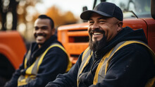 Two Truckers Sitting On A Bench Talking In A Blurry Truck Background