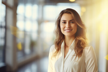 Wall Mural - Happy smiling businesswoman standing in middle of an open space office , sun light coming from wide window