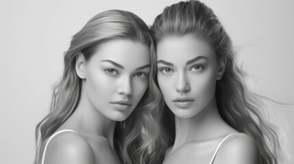 Studio photo portrait of two twins women with their hair gathered. Monochrome style image