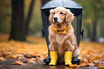 Cute golden retriever dog sitting in rain boots with umbrella in autumn park