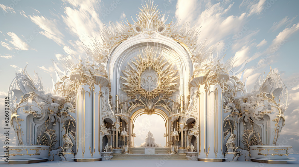Pearly gates, heaven's gate, divine portal, palace in the clouds