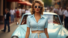 Beautiful Young Woman In Sunglasses And A Blue Retro Car In The City. Generative AI.