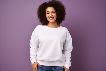 Young woman wearing white sweatshirt mockup, at purple background. Design pullover template, print presentation mock-up. Generated AI.