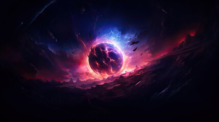 Wall Mural - colorful glowing planet in the distance, alien landscape, space wallpaper, galaxy, illustration