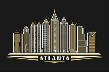 Wall Mural - Vector illustration of Atlanta, dark horizontal poster with linear design famous atlanta city scape on dusk sky background, american urban line art concept with decorative letteing for text atlanta