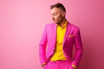 Confident handsome Caucasian stylish rich man professional guy male model in trendy yellow suit successful businessman CEO isolated against pink wall background backdrop style fashion business success