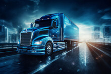 A Blue Large Truck Is Driving Fast With A Blurry Environment On A Unoccupied Highway Surrounded By Cities