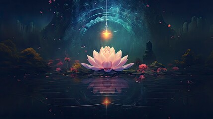 Sacred lotus flower in a beautiful abstract fantasy forest, reflected on water, illustration